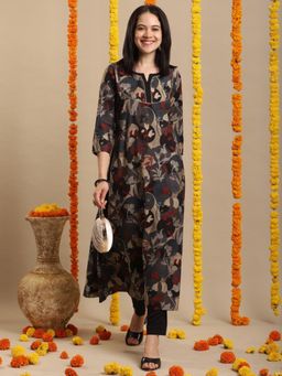 Gahan - Womens Black Floral Printed A-Line Gotta Patti Kurta with Pant