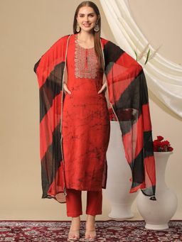 Gahan - Womens Red Viscose Rayon Straight Printed Kurta with Pant & Dupatta
