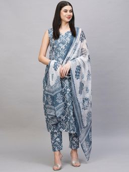 Gahan - Womens Floral Printed Sweetheart Neck Sleeveless Kurta with Pant & Dupatta