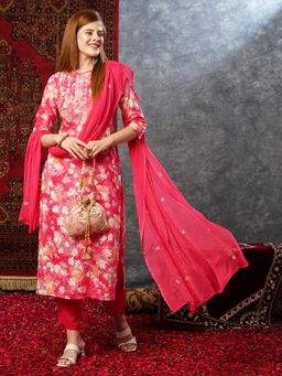 Gahan - Womens Floral Printed Regular Sequinned Straight Kurta with Pant & Dupatta