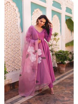 Gahan - Womens Pink Rayon Blend Floral Anarkali Kurta with Pant & Dupatta