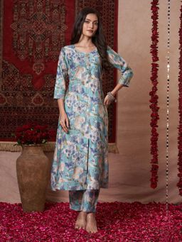 Gahan - Womens Sky Blue Bhaskar Floral Printed A-Line Kurta with Pant