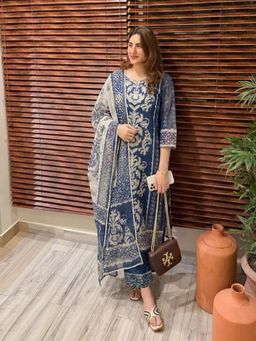 Gahan - Womens Blue Viscose Rayon Straight Printed Kurta with Pant & Dupatta