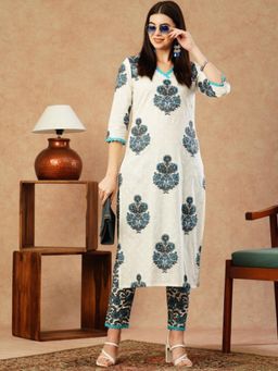 Gahan - Womens Floral Printed Regular Straight Thread Work Kurta with Pant