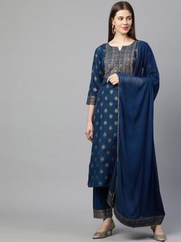 Gahan - Womens Blue Ethnic Motifs Printed Kurta with Pant & Dupatta
