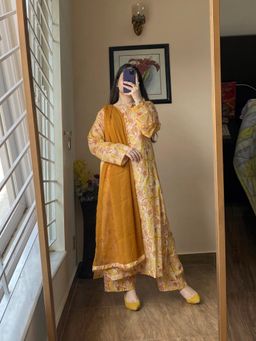 Gahan - Womens Mustard Viscose Rayon Straight Printed Kurta with Pant & Dupatta