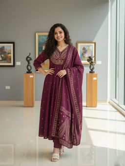 Gahan - Womens Wine Rayon Blend Printed A-Line Anarkali Kurta with Pant & Dupatta