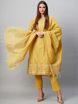 Gahan - Womens Mustard Viscose Rayon Straight Printed Kurta with Pant & Dupatta