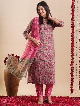 Gahan - Womens Floral Printed V Neck Straight Kurta with Pant & Dupatta