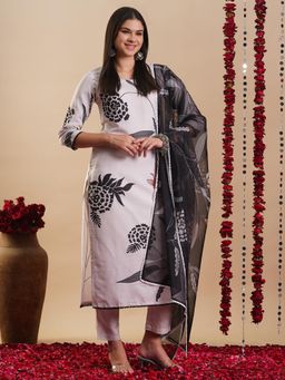 Gahan - Womens Cream Rayon Blend Printed Straight Kurta with Pant & Dupatta