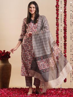 Gahan - Womens Floral Printed V-Neck Straight Kurta with Pant & Dupatta