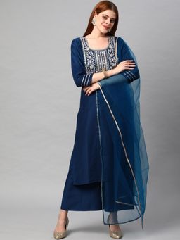 Gahan - Womens Teal Viscose Rayon Straight Embroidery Kurta with Palazzo & Dupatta