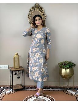 Gahan - Womens Grey Floral Printed Straight Kurta with Pant