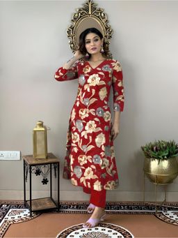 Gahan - Womens Red Viscose Rayon Floral Printed Kurta with Pant