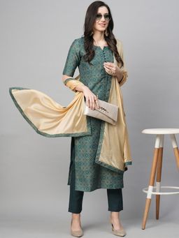 Gahan - Womens Teal Ethnic Motifs Printed Kurta with Pant & Dupatta
