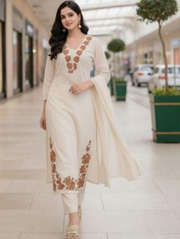 Gahan - Womens White Ethnic Motifs Embroidered Regular Thread Work Kurta with Pant & Dupatta