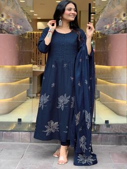 Gahan - Womens Blue Floral Print Chikankari Embroidery Anarkali Kurta with Pant & Dupatta