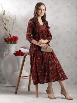 Gahan - Womens Maroon Floral Printed V-Neck Empire Anarkali Kurta with Pant