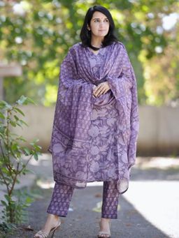 Gahan - Womens Purple Viscose Rayon Straight Printed Kurta with Pant & Dupatta