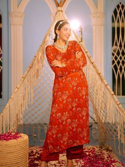 Gahan - Womens Orange Viscose Rayon Printed Kurta with Pant