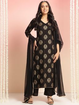 Gahan - Womens Black Viscose Rayon Straight Printed Kurta with Palazzo & Dupatta