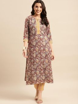 Gahan - Womens Maroon Floral Printed Round Neck Regular Kurta with Pant