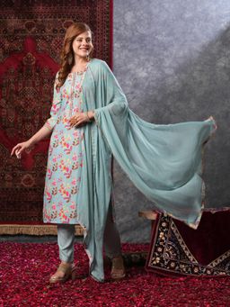 Gahan - Womens Blue Rayon Blend Printed Straight Kurta with Pant & Dupatta