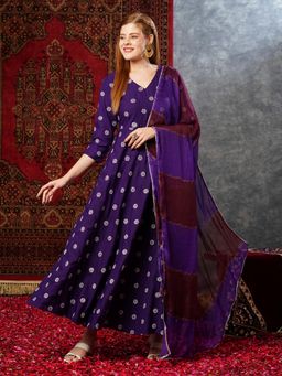 Gahan - Womens Purple Ethnic Motifs Regular Anarkali Kurta with Pant & Dupatta