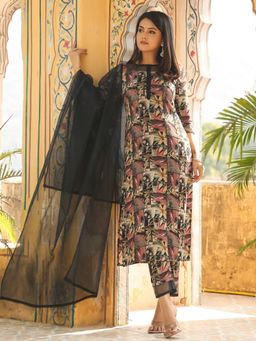 Gahan - Womens Black Floral Printed Regular Kurta with Pant & Dupatta