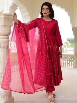 Gahan - Womens Pink Floral Printed Anarkali Kurta with Pant & Dupatta