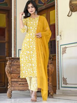 Gahan - Womens Yellow Viscose Rayon Straight Printed Kurta with Pant & Dupatta