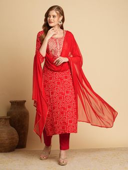 Gahan - Womens Red Viscose Rayon Straight Printed Kurta with Pant & Dupatta