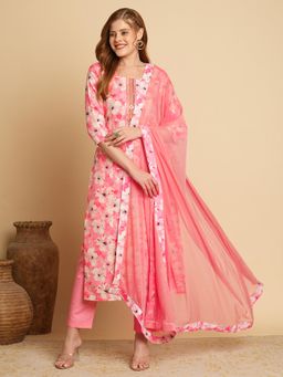 Gahan - Womens Pink Floral Printed Straight Kurta with Pant & Dupatta