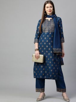 Gahan - Womens Navy Blue Rayon Blend Printed Straight Kurta with Pant & Dupatta