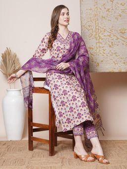 Gahan - Womens Purple Floral Printed Straight Kurta with Pant & Dupatta