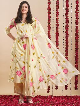 Gahan - Womens Cream Viscose Rayon Straight Printed Kurta with Pant & Dupatta