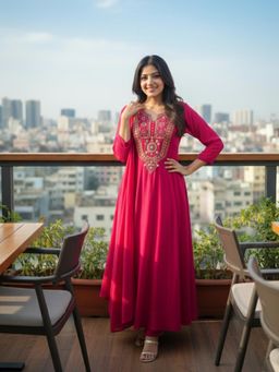 Gahan - Womens Pink Ethnic Motifs Embroidered Thread Work Anarkali Kurta with Pant & Dupatta