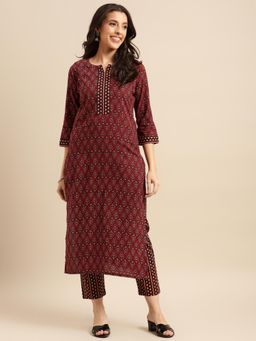 Gahan - Womens Red Viscose Rayon Straight Printed Kurta with Pant