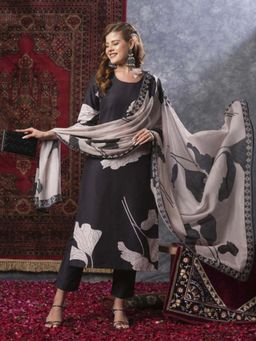 Gahan - Womens Black Floral Printed Regular Kurta with Pant & Dupatta