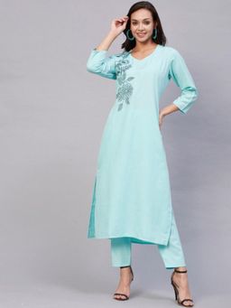 Gahan - Womens Blue Floral Printed Straight Kurta with Pant