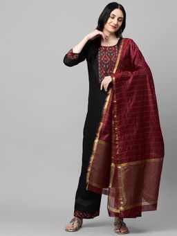 Gahan - Womens Black Floral Printed Layered Pure Cotton Kurta with Palazzo & Dupatta