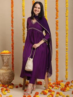 Gahan - Womens Begani Rayon Blend Embroidered Anarkali Kurta with Pant & Dupatta