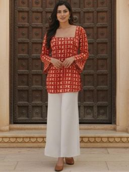 Gahan - Womens Geometric Printed Square Neck Flared Sleeves Kurti