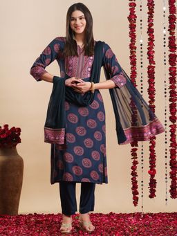 Gahan - Womens Navy Blue Viscose Rayon Straight Printed Kurta with Pant & Dupatta