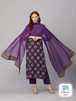 Gahan - Women Purple Ethnic Motifs Printed Gotta Patti Straight Kurta & Pant with Dupatta