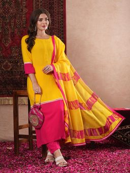 Gahan - Womens Yellow Viscose Rayon Straight Solid Kurta with Pant & Dupatta
