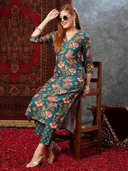 Gahan - Womens Teal Floral Printed Straight Kurta with Pant
