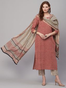 Gahan - Womens Maroon Viscose Rayon Straight Printed Kurta with Pant & Dupatta