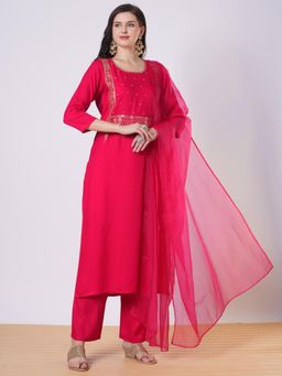 Gahan - Womens Pink Viscose Rayon Straight Embroidered Kurta with Pant & Dupatta