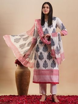 Gahan - Womens White Rayon Blend Printed Straight Kurta with Pant & Dupatta